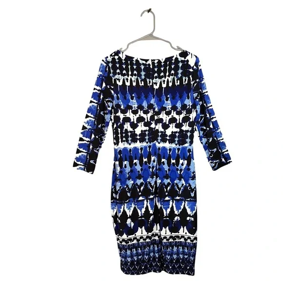 Joseph Ribkoff Abstract Print Stretch Knit Blue Black White Sheath Dress 8 - Picture 5 of 13